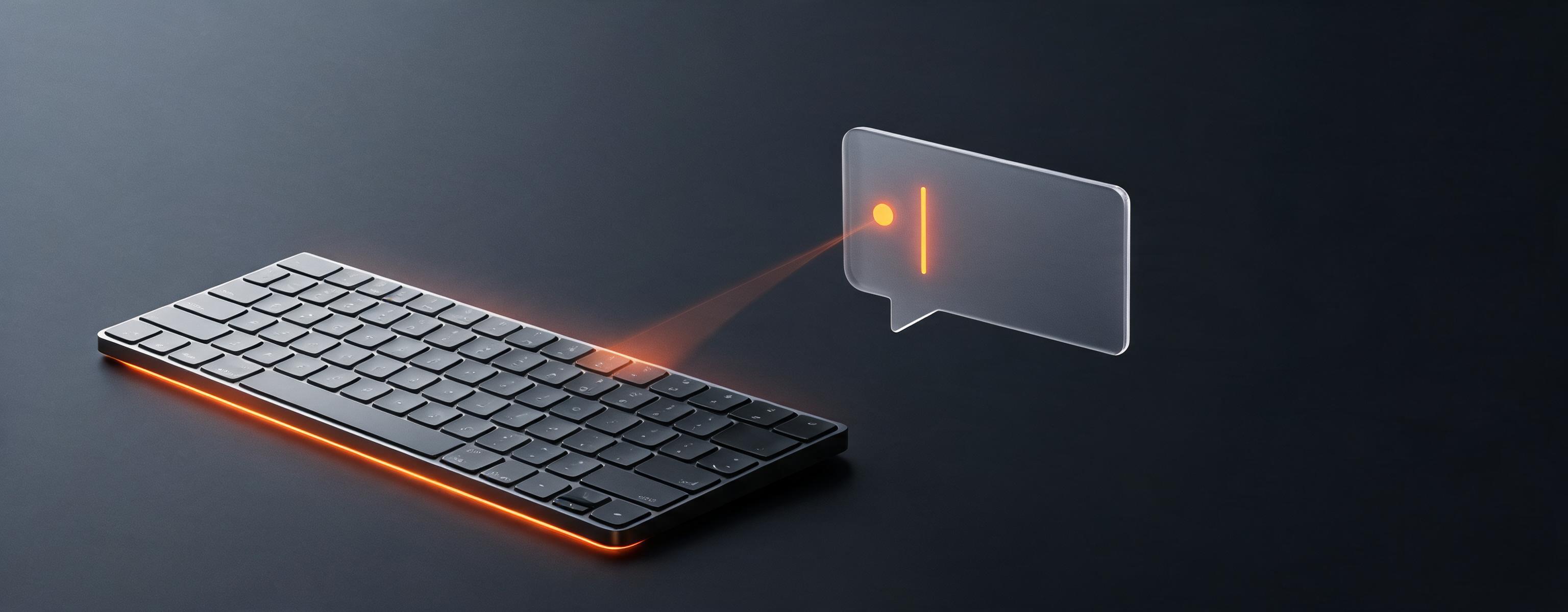 A keyboard on a desk with a glowing chat bubble rising from the keys