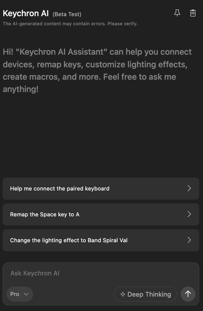 The Keychron AI panel inside the Launcher, showing a greeting and three suggested requests